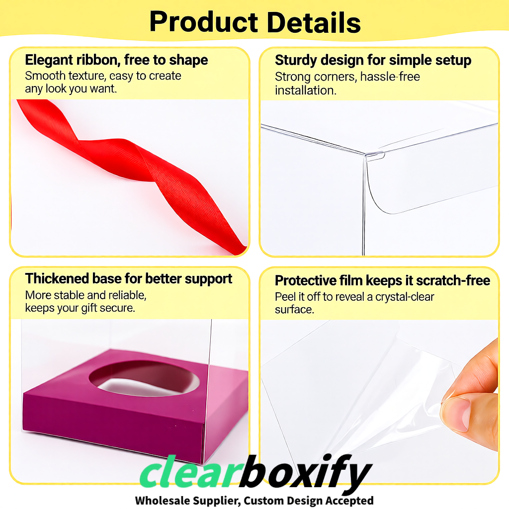 Clear Individual Cupcake Boxes with Plum Base Square 3.5 inch Plastic Cupcake Carrier with Ribbon
