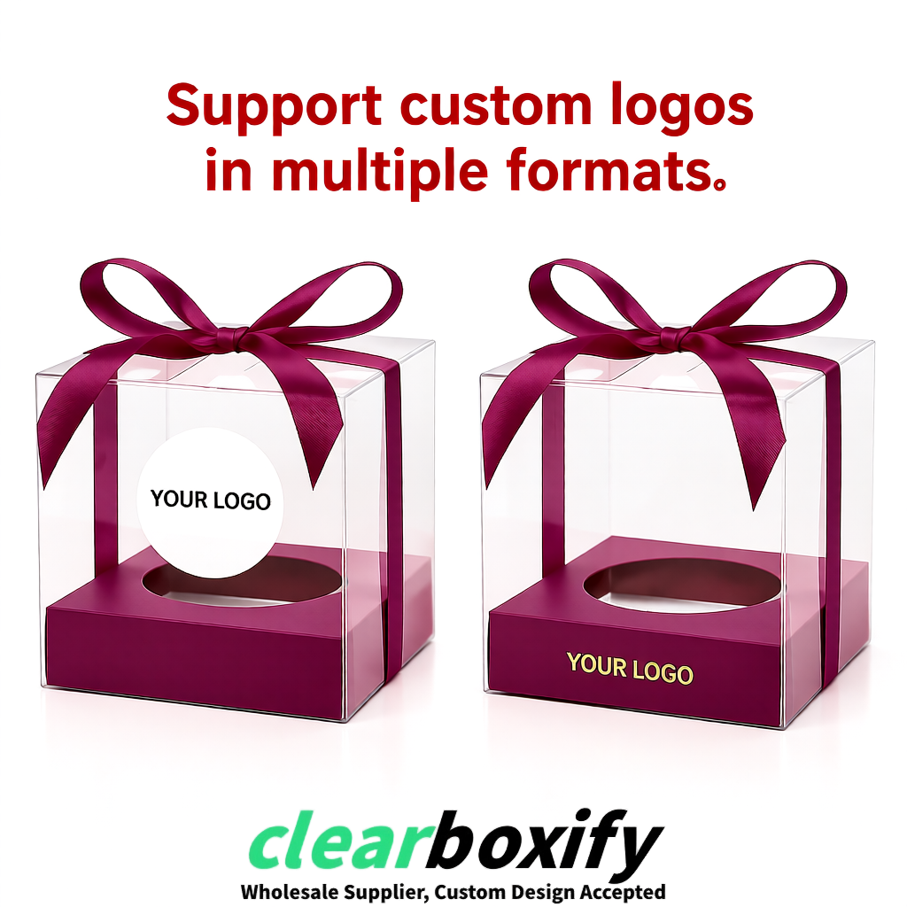 Clear Individual Cupcake Boxes with Plum Base Square 3.5 inch Plastic Cupcake Carrier with Ribbon