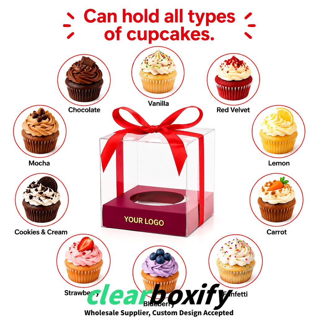 Clear Individual Cupcake Boxes with Plum Base Square 3.5 inch Plastic Cupcake Carrier with Ribbon