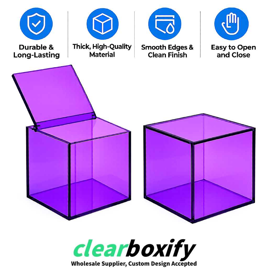 Purple Clear Acrylic Square Boxes With Lid 5x5x5 inch Anti Dust Durable Storage Box