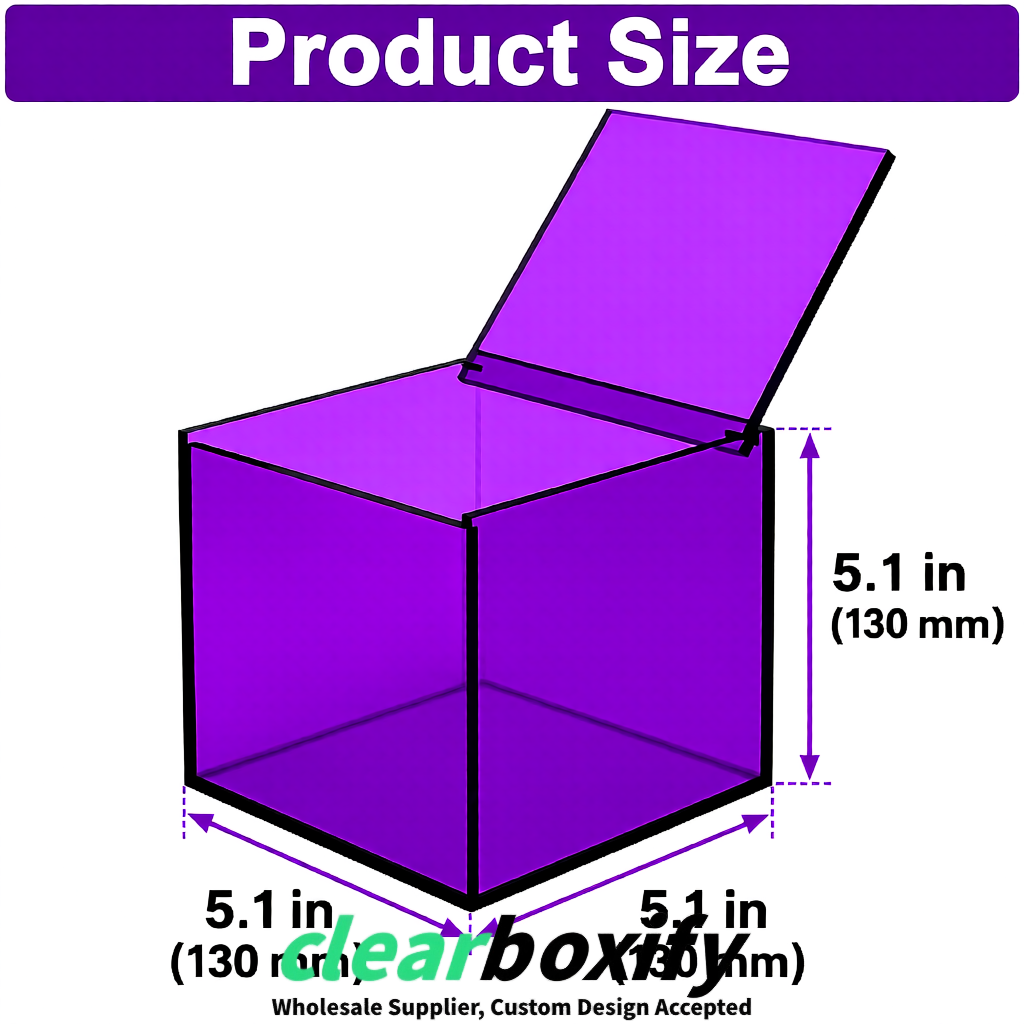 Purple Clear Acrylic Square Boxes With Lid 5x5x5 inch Anti Dust Durable Storage Box