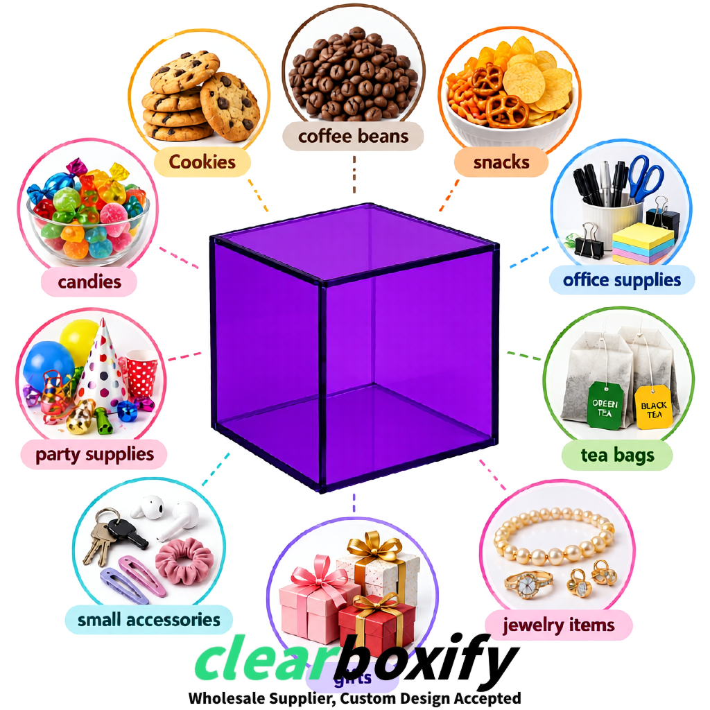 Purple Clear Acrylic Square Boxes With Lid 5x5x5 inch Anti Dust Durable Storage Box