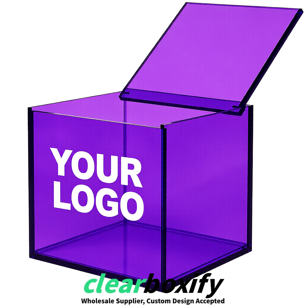 Purple Clear Acrylic Square Boxes With Lid 5x5x5 inch Anti Dust Durable Storage Box