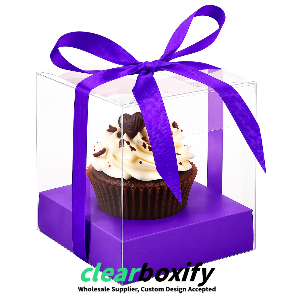 Clear Individual Cupcake Boxes with Purple Base Square 3.5 inch Plastic Cupcake Carrier with Ribbon