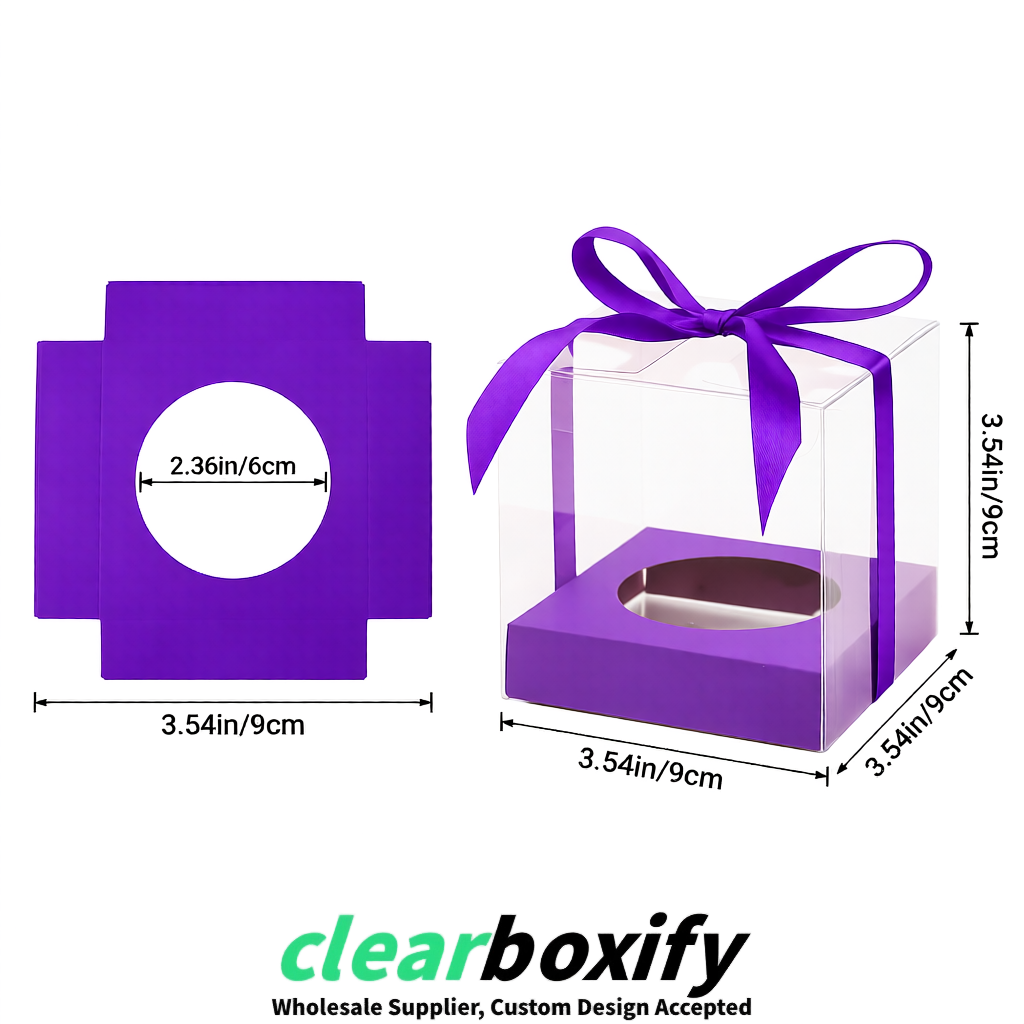 Clear Individual Cupcake Boxes with Purple Base Square 3.5 inch Plastic Cupcake Carrier with Ribbon