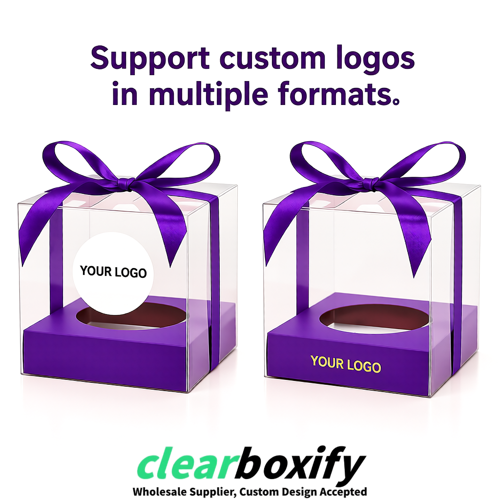 Clear Individual Cupcake Boxes with Purple Base Square 3.5 inch Plastic Cupcake Carrier with Ribbon