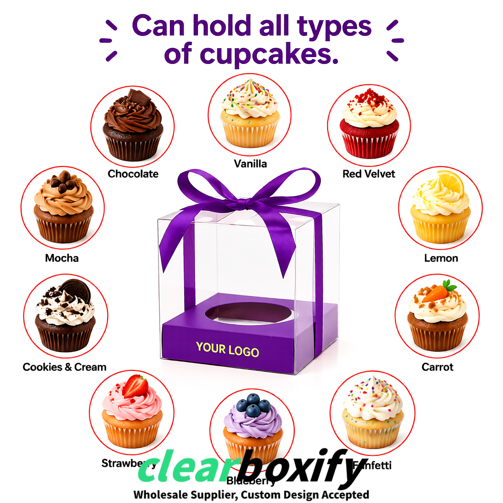 Clear Individual Cupcake Boxes with Purple Base Square 3.5 inch Plastic Cupcake Carrier with Ribbon