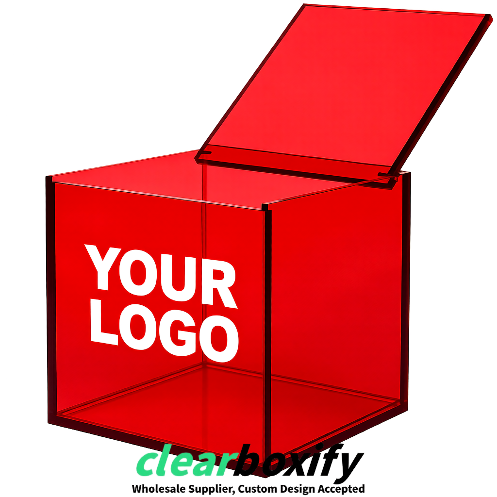 Red Clear Acrylic Square Boxes With Lid 5x5x5 inch Anti Dust Durable Storage Box