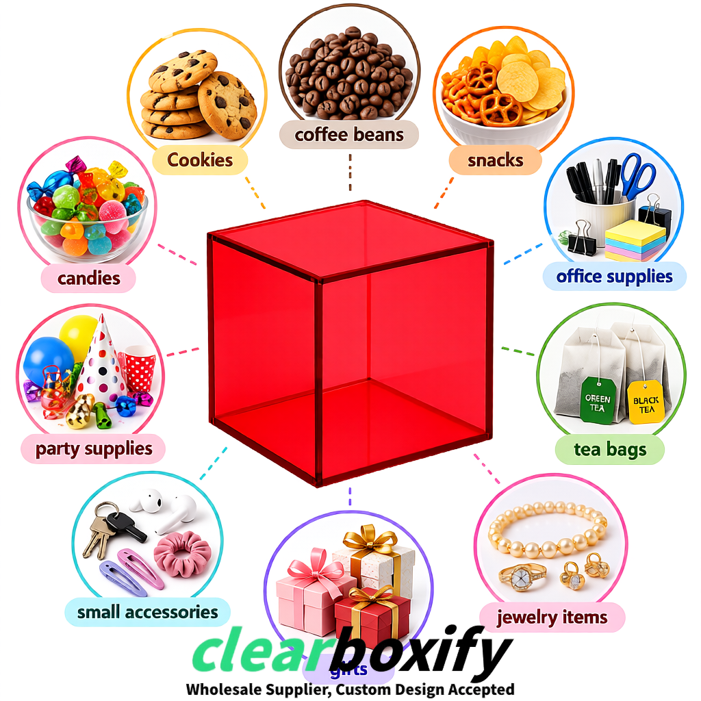 Red Clear Acrylic Square Boxes With Lid 5x5x5 inch Anti Dust Durable Storage Box