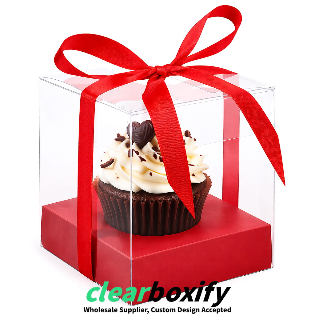 Clear Individual Cupcake Boxes with Red Base Square 3.5 inch Plastic Cupcake Carrier with Ribbon