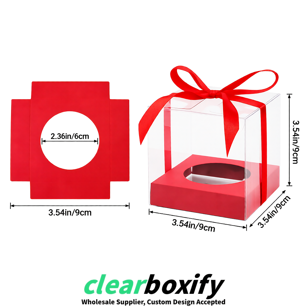 Clear Individual Cupcake Boxes with Red Base Square 3.5 inch Plastic Cupcake Carrier with Ribbon Clear Individual Cupcake Boxes with Red Base Square 3.5 inch Plastic Cupcake Carrier with Ribbon