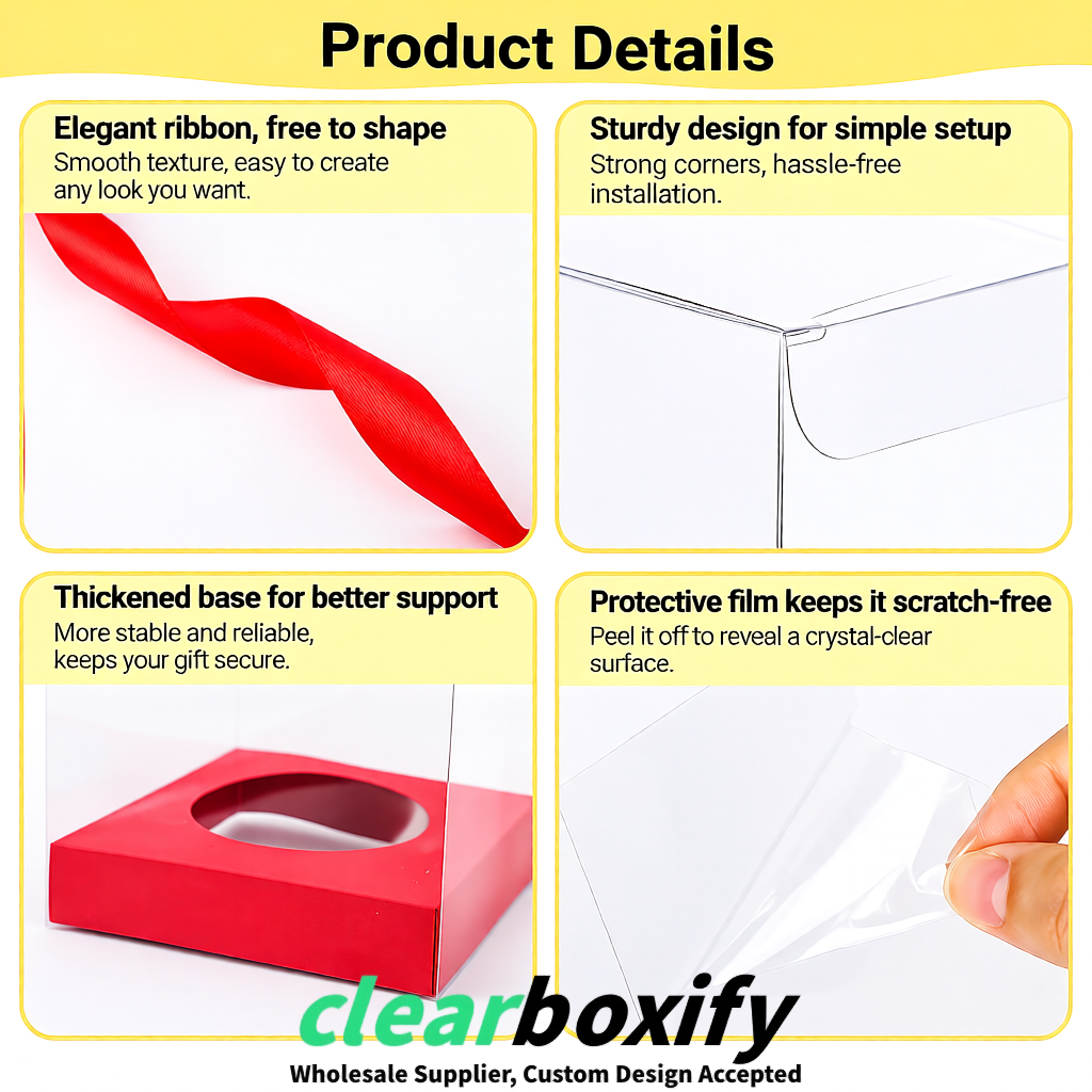 Clear Individual Cupcake Boxes with Red Base Square 3.5 inch Plastic Cupcake Carrier with Ribbon