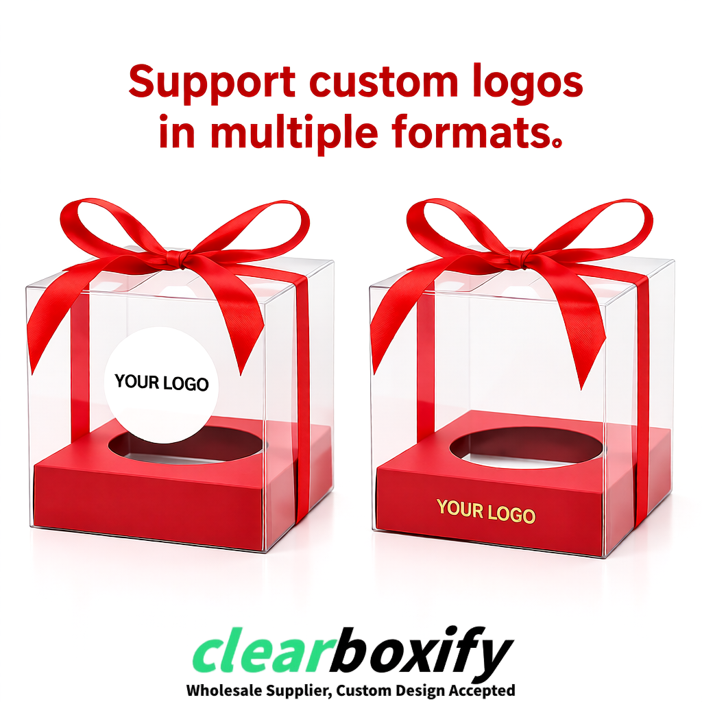 Clear Individual Cupcake Boxes with Red Base Square 3.5 inch Plastic Cupcake Carrier with Ribbon