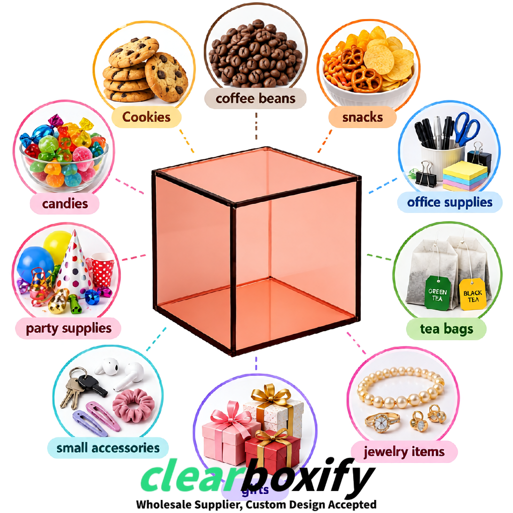 Rose Gold Clear Acrylic Square Boxes With Lid 5x5x5 inch Anti Dust Durable Storage Box