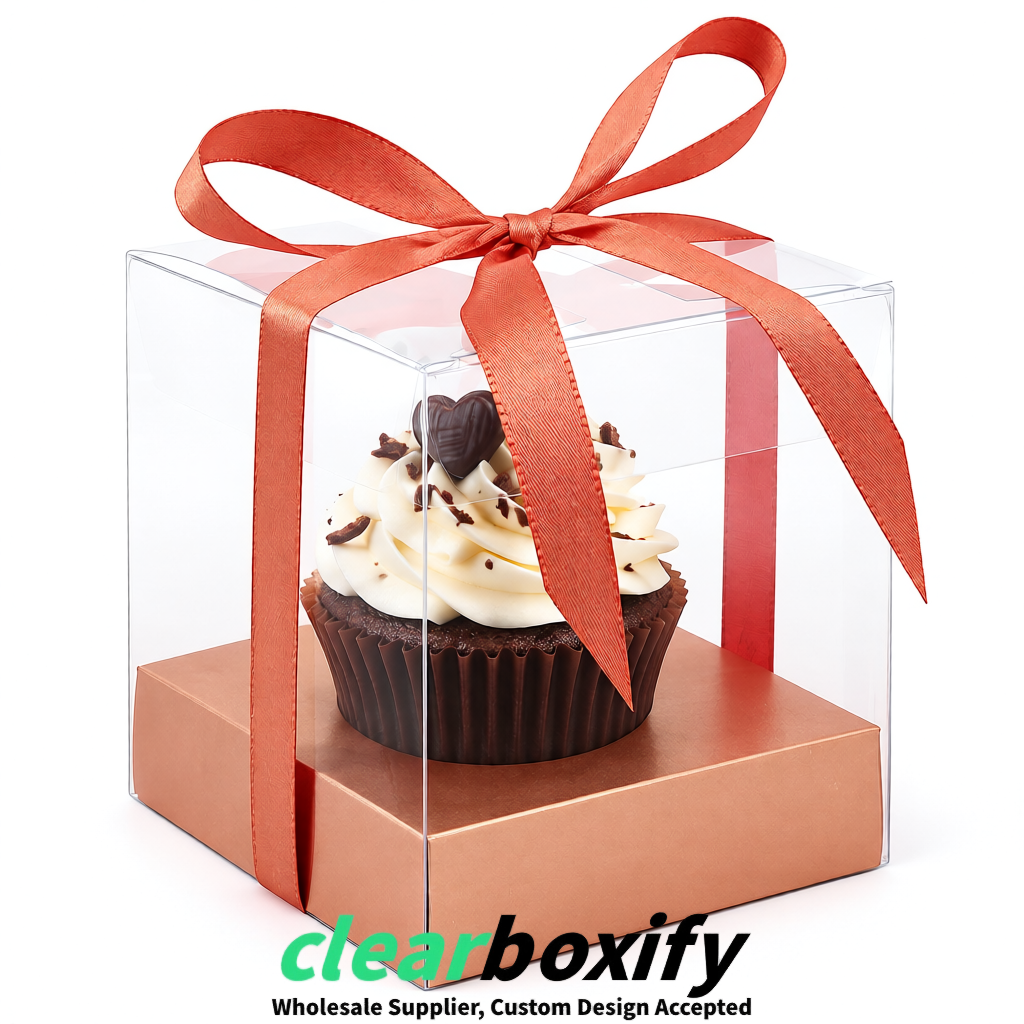 Clear Individual Cupcake Boxes with Rose Gold Base Square 3.5 inch Plastic Cupcake Carrier with Ribbon