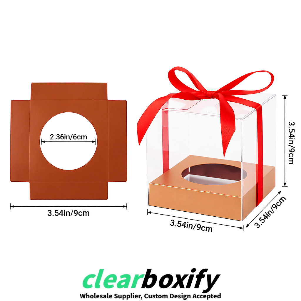 Clear Individual Cupcake Boxes with Rose Gold Base Square 3.5 inch Plastic Cupcake Carrier with Ribbon