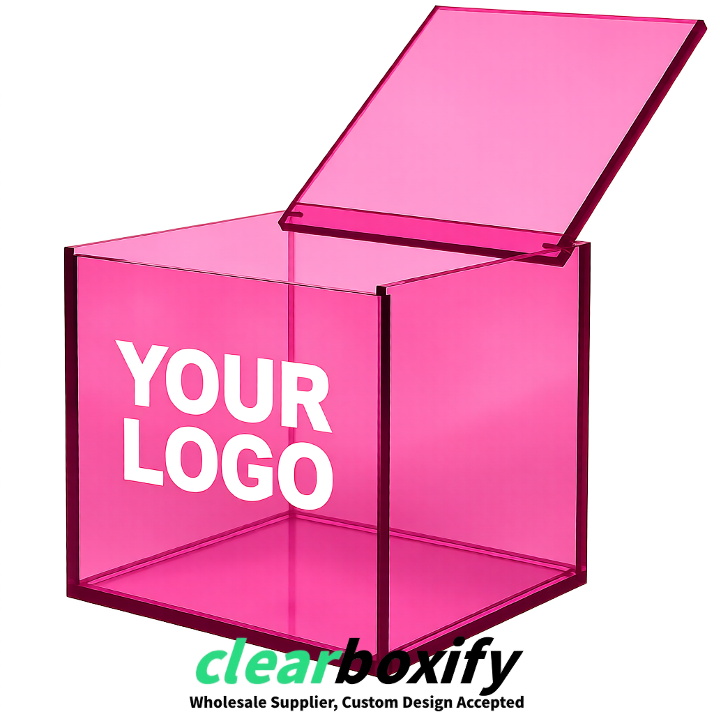 Rose Pink Clear Acrylic Square Boxes With Lid 5x5x5 inch Anti Dust Durable Storage Box