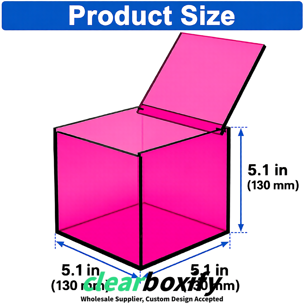 Rose Pink Clear Acrylic Square Boxes With Lid 5x5x5 inch Anti Dust Durable Storage Box