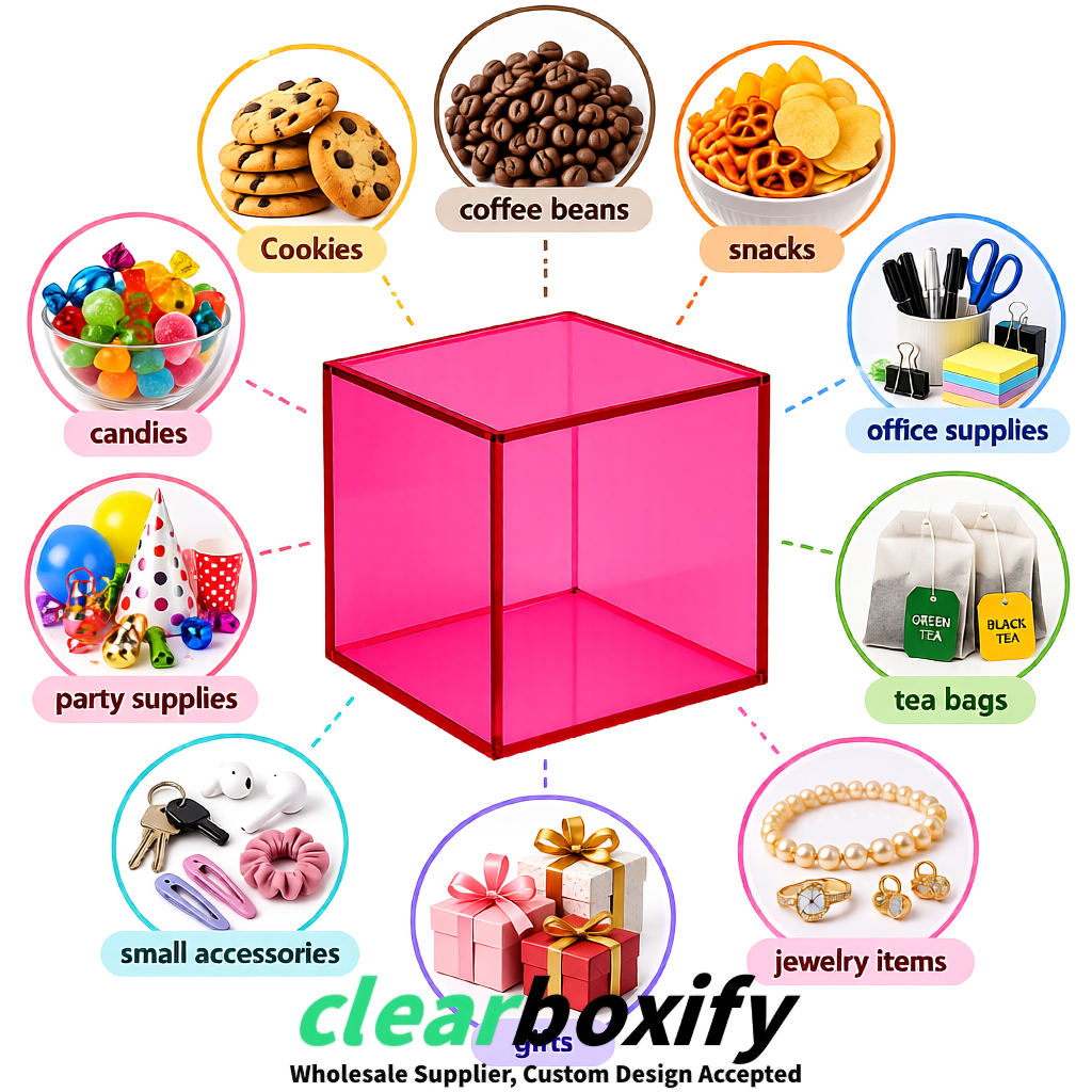 Rose Pink Clear Acrylic Square Boxes With Lid 5x5x5 inch Anti Dust Durable Storage Box