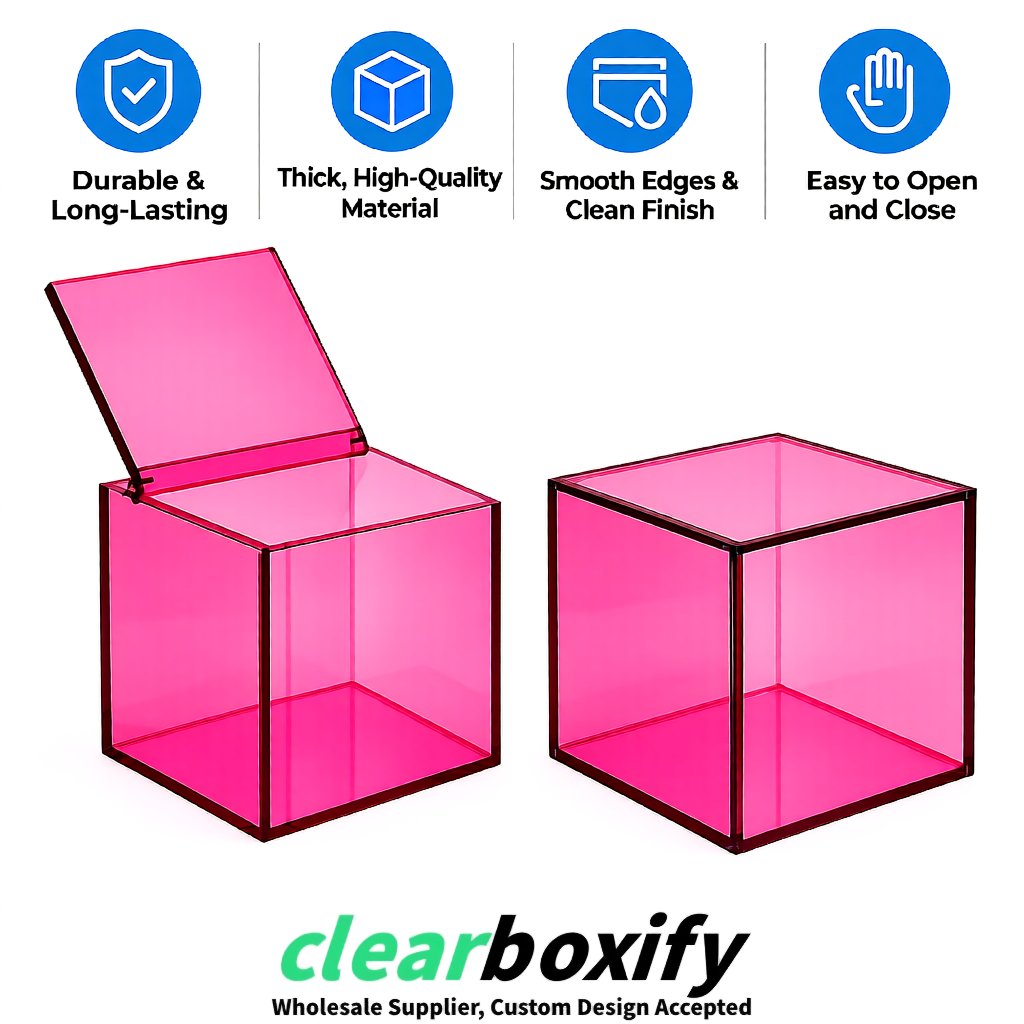 Rose Pink Clear Acrylic Square Boxes With Lid 5x5x5 inch Anti Dust Durable Storage Box