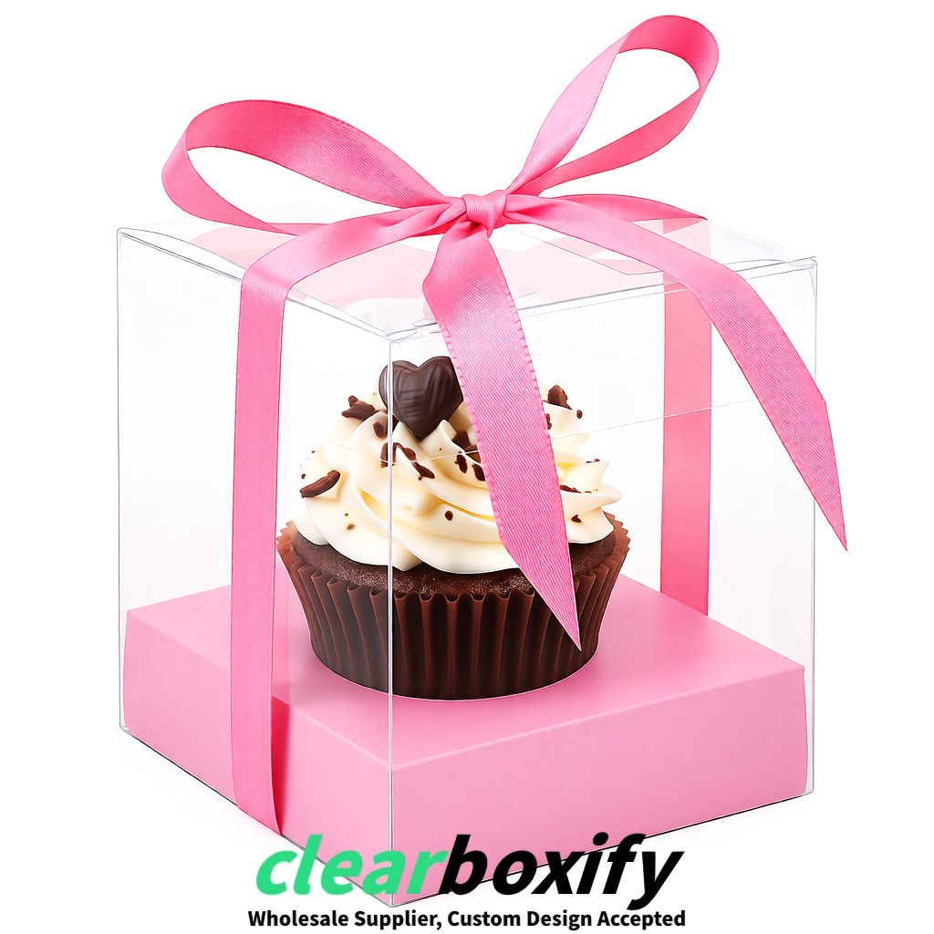 Clear Individual Cupcake Boxes with Rose Pink Base Square 3.5 inch Plastic Cupcake Carrier with Ribbon
