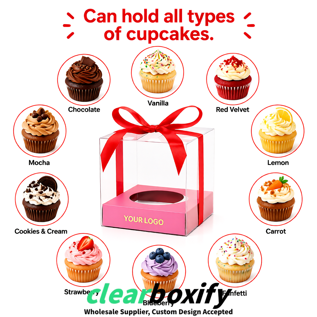 Clear Individual Cupcake Boxes with Rose Pink Base Square 3.5 inch Plastic Cupcake Carrier with Ribbon