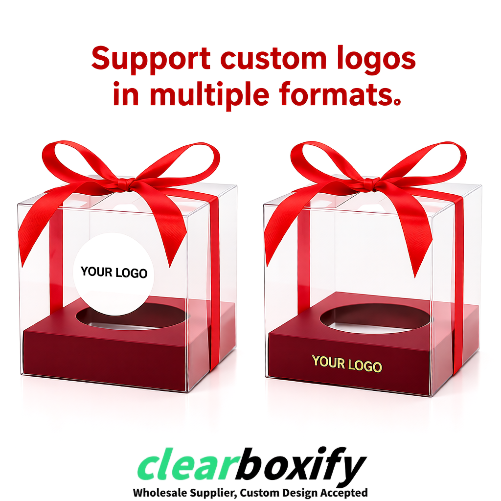 Clear Individual Cupcake Boxes with Scarlet Base Square 3.5 inch Plastic Cupcake Carrier with Ribbon