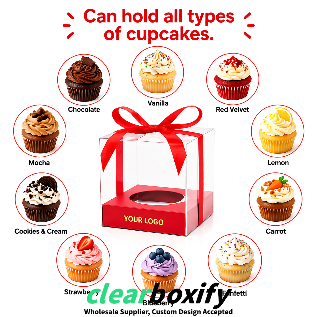 Clear Individual Cupcake Boxes with Scarlet Base Square 3.5 inch Plastic Cupcake Carrier with Ribbon