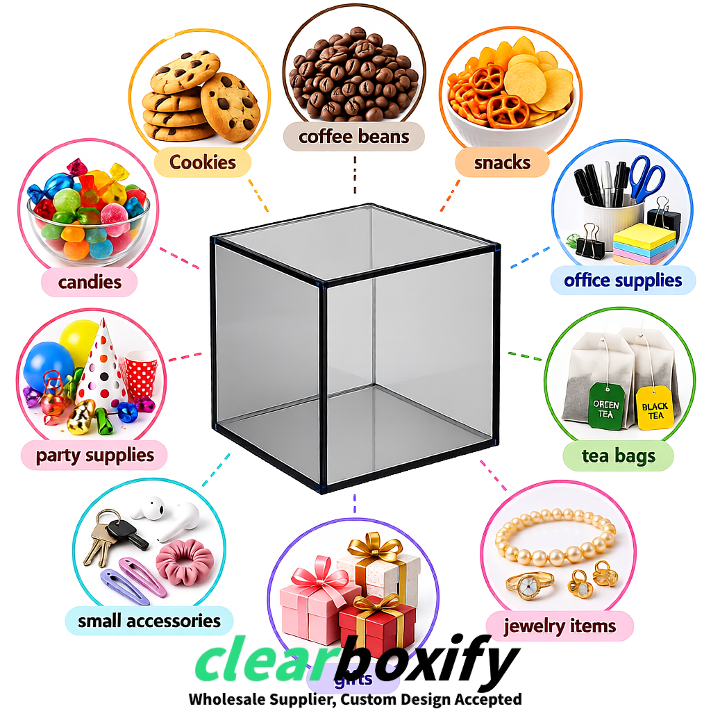 Silver Clear Acrylic Square Boxes With Lid 5x5x5 inch Anti Dust Durable Storage Box
