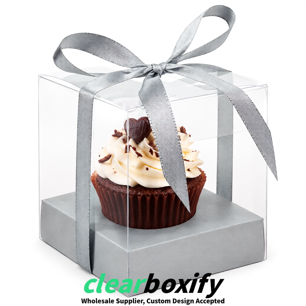 Clear Individual Cupcake Boxes with Silver Base Square 3.5 inch Plastic Cupcake Carrier with Ribbon