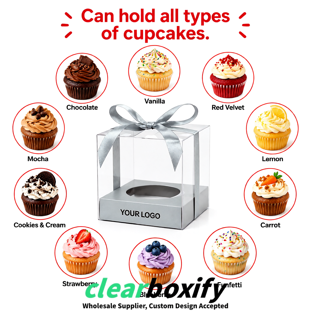 Clear Individual Cupcake Boxes with Silver Base Square 3.5 inch Plastic Cupcake Carrier with Ribbon Clear Individual Cupcake Boxes with Silver Base Square 3.5 inch Plastic Cupcake Carrier with Ribbon