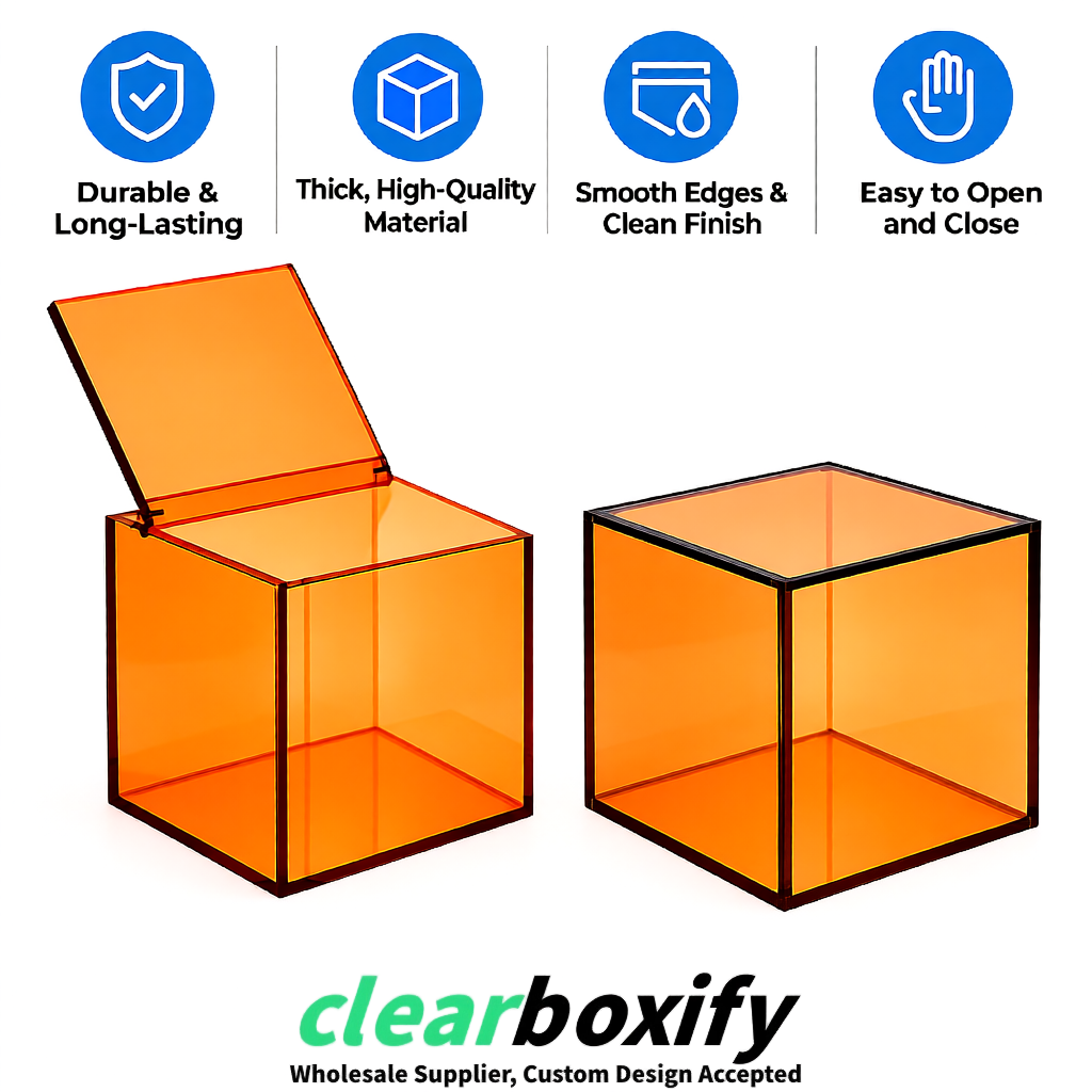 Tangerine Clear Acrylic Square Boxes With Lid 5x5x5 inch Anti Dust Durable Storage Box