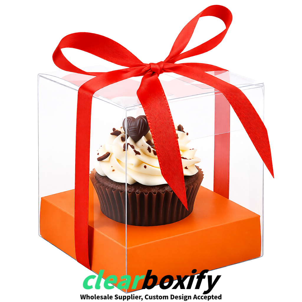 Clear Individual Cupcake Boxes with Tangerine Base Square 3.5 inch Plastic Cupcake Carrier with Ribbon
