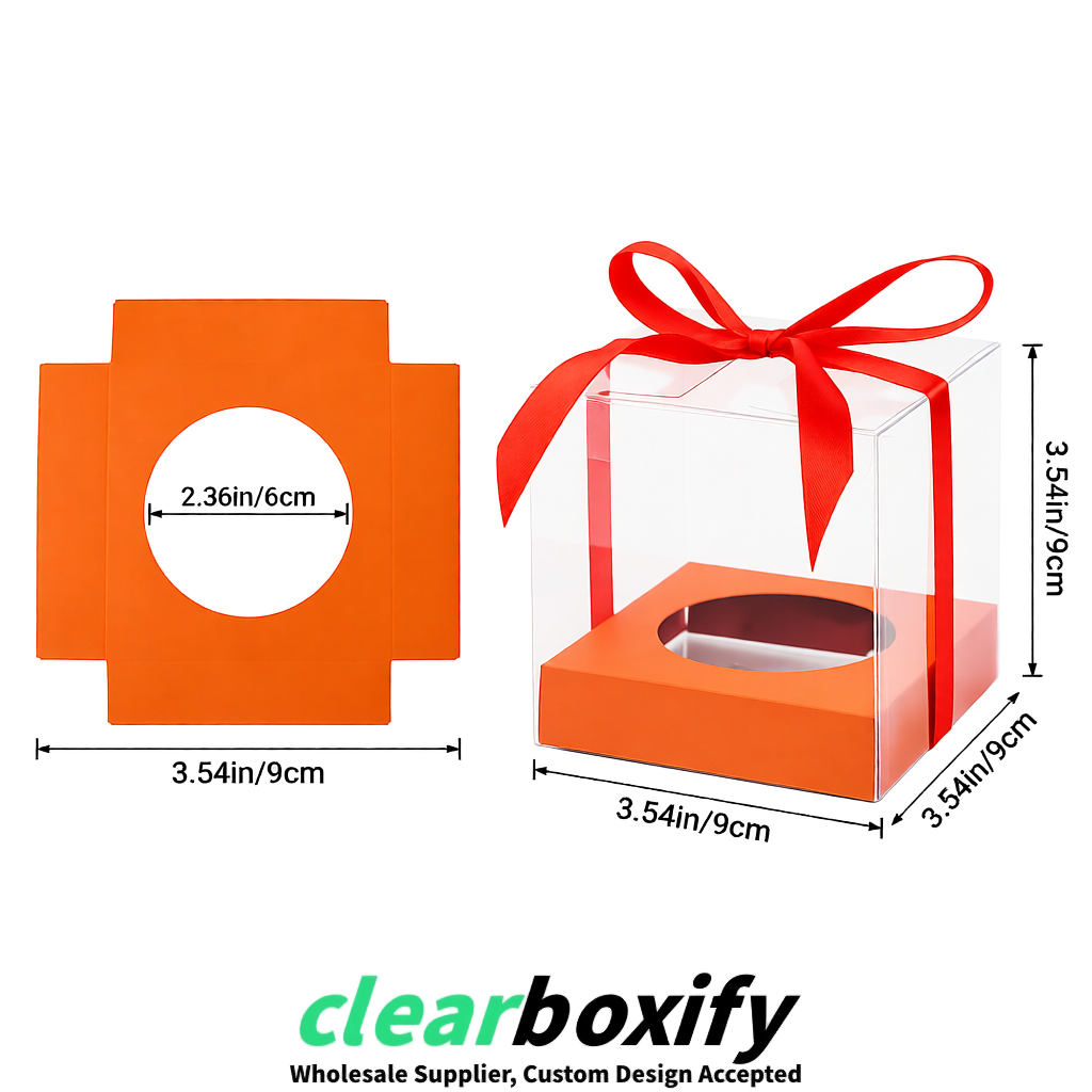 Clear Individual Cupcake Boxes with Tangerine Base Square 3.5 inch Plastic Cupcake Carrier with Ribbon