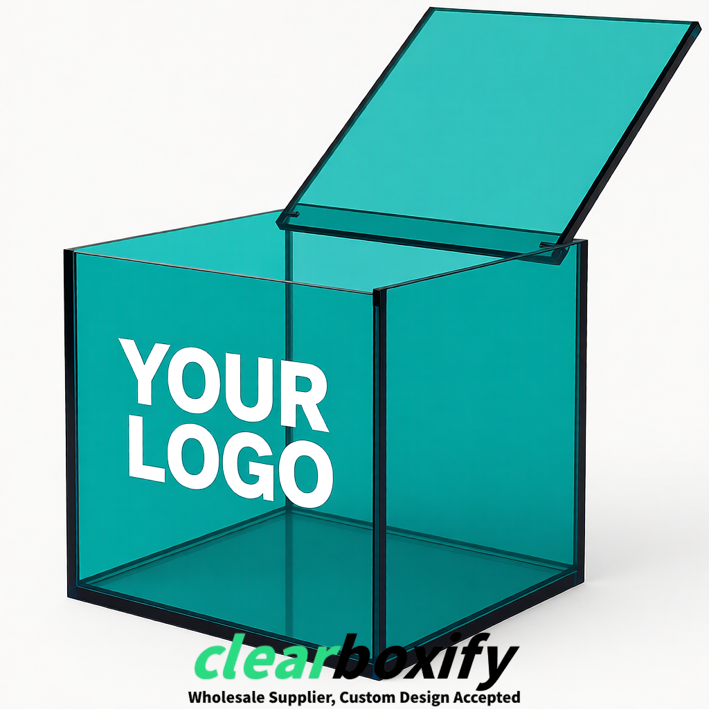 Teal Clear Acrylic Square Boxes With Lid 5x5x5 inch Anti Dust Durable Storage Box