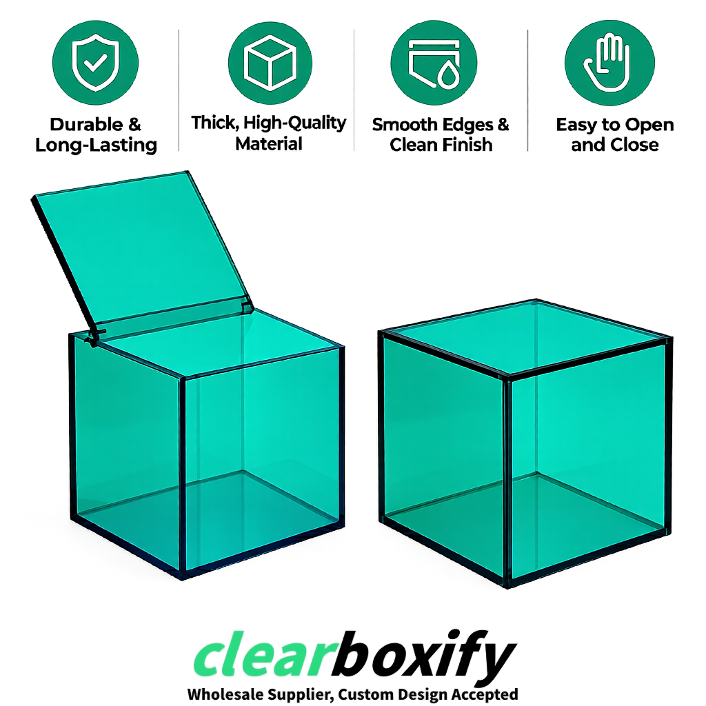 Teal Clear Acrylic Square Boxes With Lid 5x5x5 inch Anti Dust Durable Storage Box