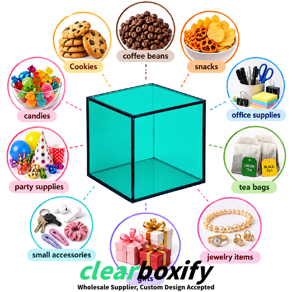 Teal Clear Acrylic Square Boxes With Lid 5x5x5 inch Anti Dust Durable Storage Box
