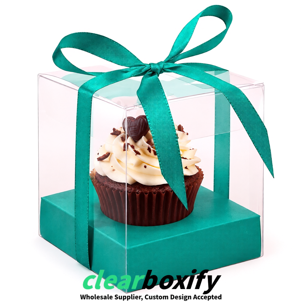 Clear Individual Cupcake Boxes with Teal Base Square 3.5 inch Plastic Cupcake Carrier with Ribbon