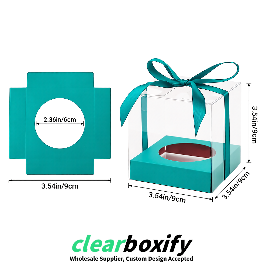 Clear Individual Cupcake Boxes with Teal Base Square 3.5 inch Plastic Cupcake Carrier with Ribbon
