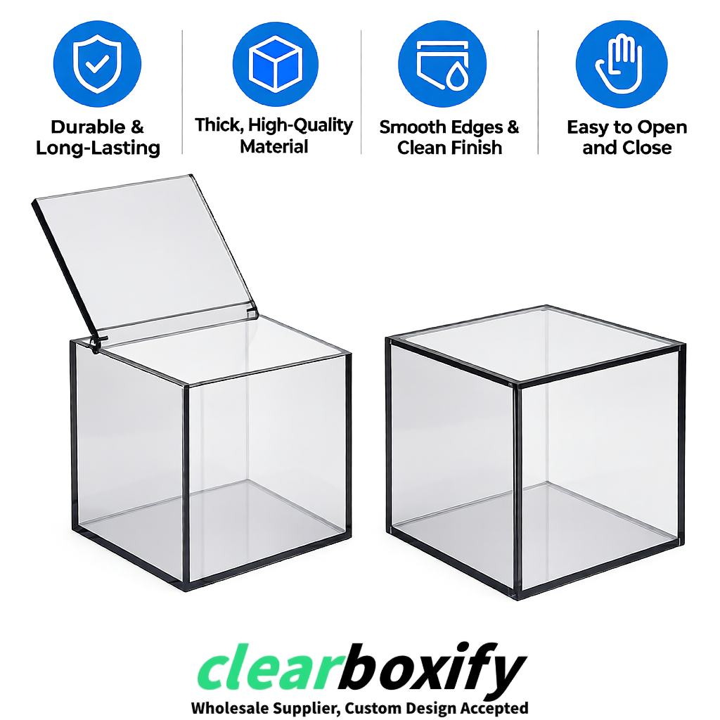 Transparent Clear Acrylic Square Boxes With Lid 5x5x5 inch Anti Dust Durable Storage Box