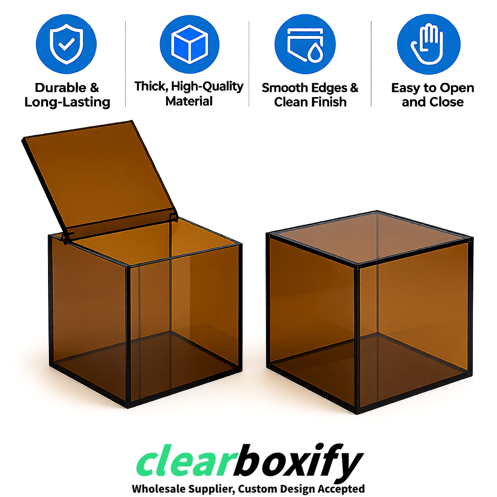 Umber Clear Acrylic Square Boxes With Lid 5x5x5 inch Anti Dust Durable Storage Box