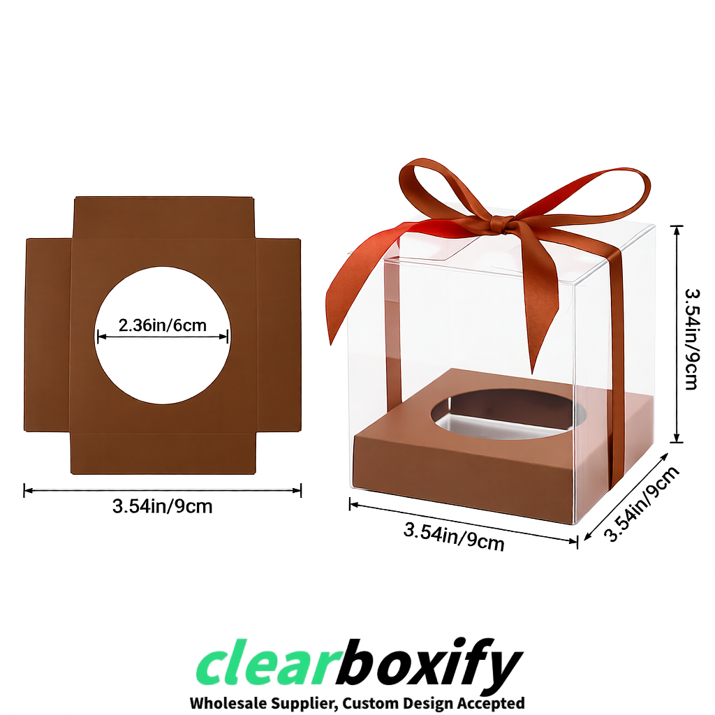 Clear Individual Cupcake Boxes with Umber Base Square 3.5 inch Plastic Cupcake Carrier with Ribbon