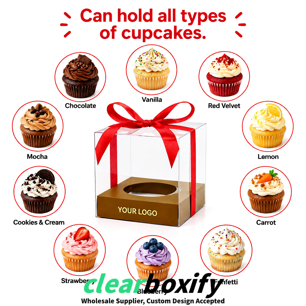 Clear Individual Cupcake Boxes with Umber Base Square 3.5 inch Plastic Cupcake Carrier with Ribbon Clear Individual Cupcake Boxes with Umber Base Square 3.5 inch Plastic Cupcake Carrier with Ribbon