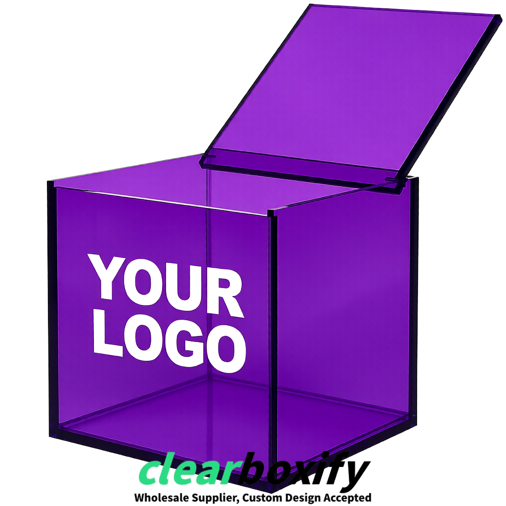 Violet Clear Acrylic Square Boxes With Lid 5x5x5 inch Anti Dust Durable Storage Box