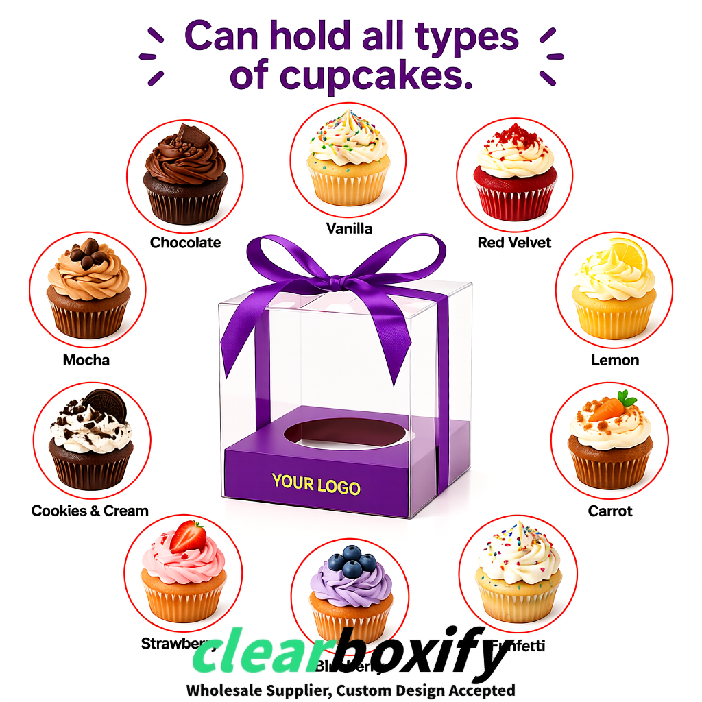 Clear Individual Cupcake Boxes with Violet Base Square 3.5 inch Plastic Cupcake Carrier with Ribbon Clear Individual Cupcake Boxes with Violet Base Square 3.5 inch Plastic Cupcake Carrier with Ribbon