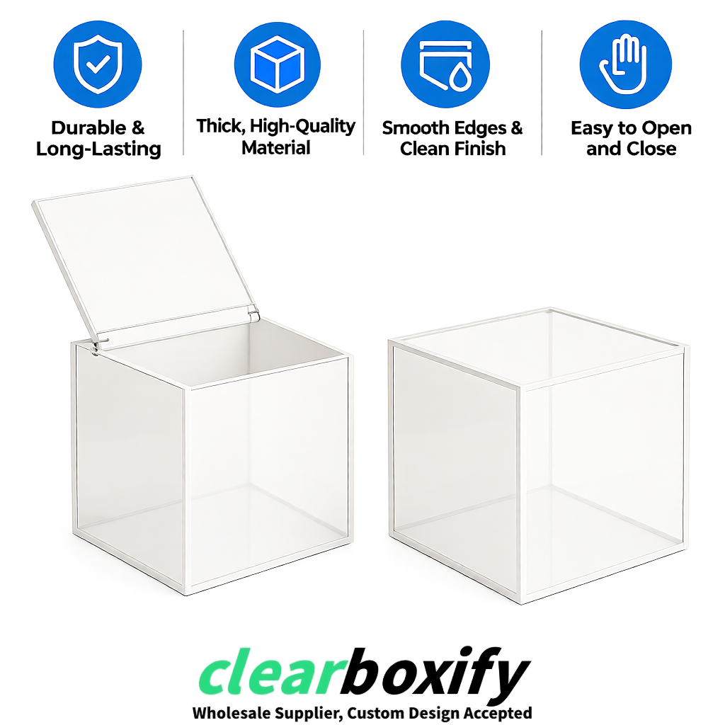 White Clear Acrylic Square Boxes With Lid 5x5x5 inch Anti Dust Durable Storage Box