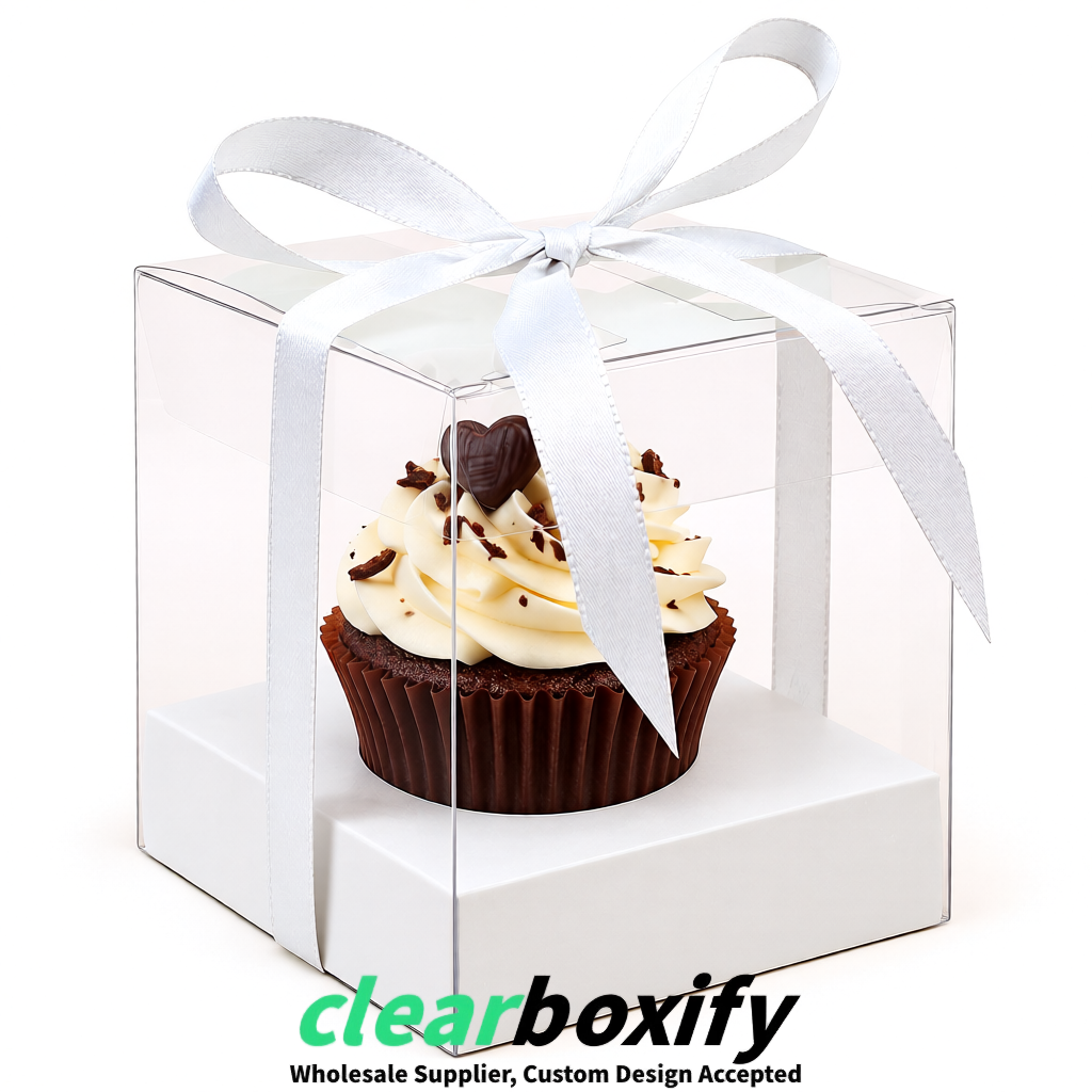 Clear Individual Cupcake Boxes with White Base Square 3.5 inch Plastic Cupcake Carrier with Ribbon