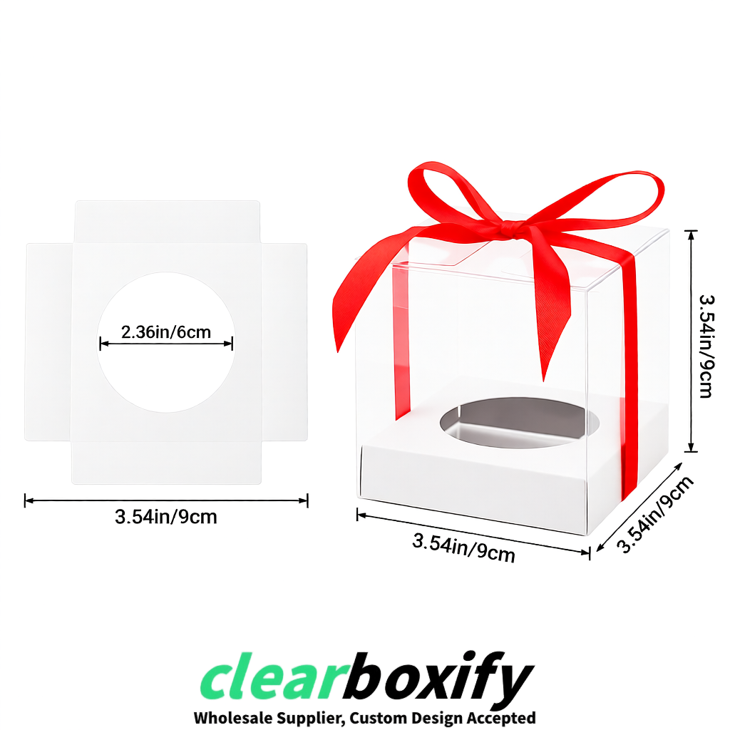 Clear Individual Cupcake Boxes with White Base Square 3.5 inch Plastic Cupcake Carrier with Ribbon