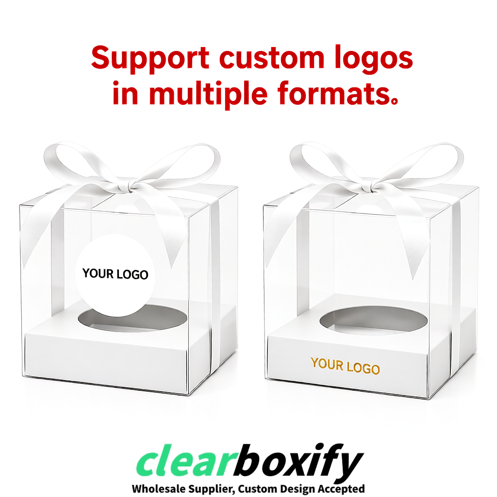 Clear Individual Cupcake Boxes with White Base Square 3.5 inch Plastic Cupcake Carrier with Ribbon