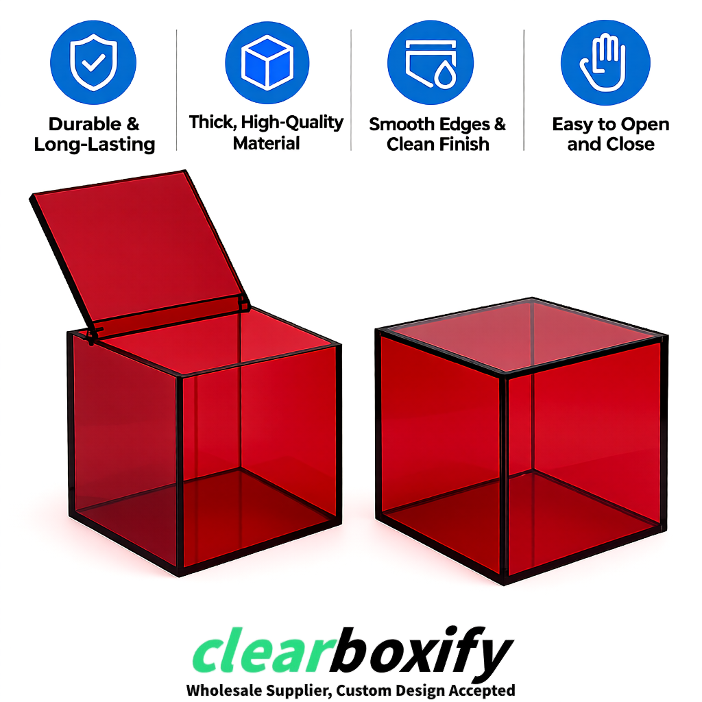 Wine Red Clear Acrylic Square Boxes With Lid 5x5x5 inch Anti Dust Durable Storage Box